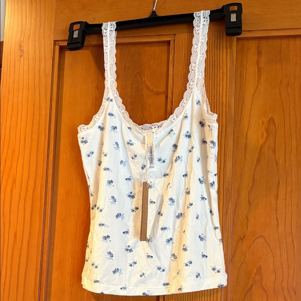 SKIMS White and Blue Floral Camisole with Lace Trim